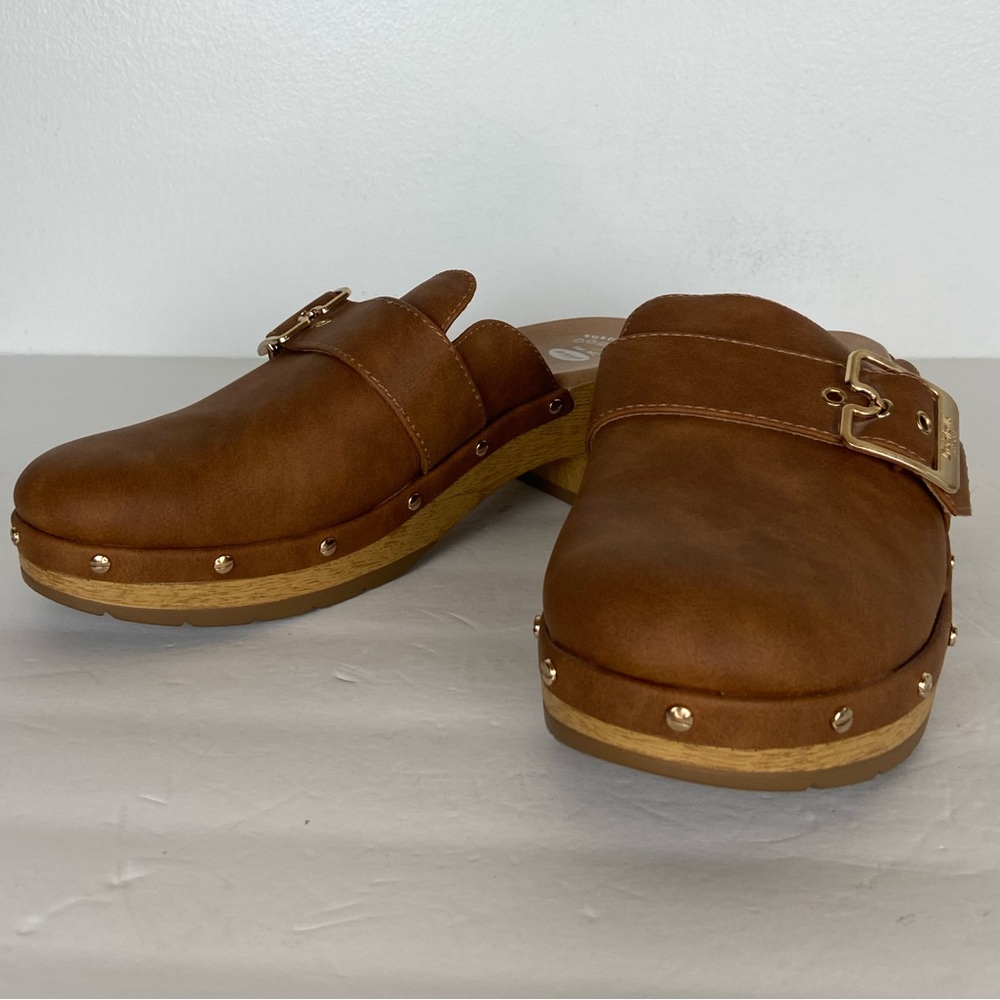 Dr. Scholl's Brown Leather Clog Mules with Gold Buckle - Picture 3 of 12